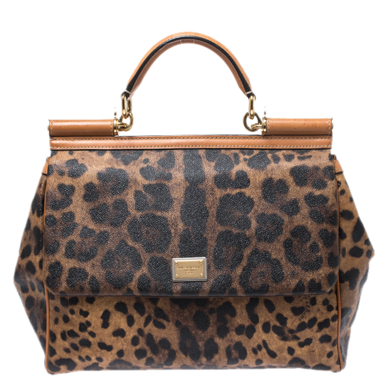 مملوكة مسبقًا حقيبة دولتشي أند غابانا ميس سيسيلي كبيرة يد علوية كانفاس مقوى مطبوع نقشة الفهد و جلد