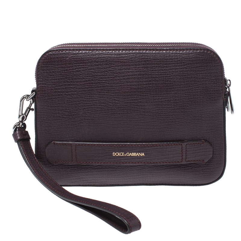 Pre Owned Dolce & Gabbana Burgundy Leather Double Zip Clutch