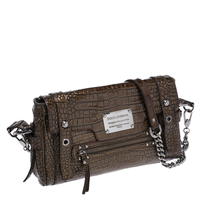Pre-owned Dolce & Gabbana Brown Croc Embossed Patent Leather Miss Easy Way Shoulder Bag
