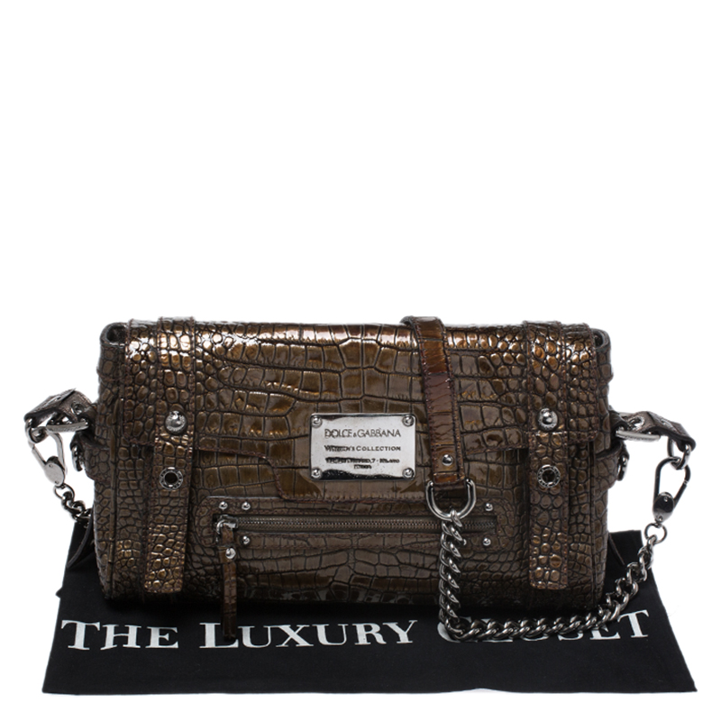 Pre-owned Dolce & Gabbana Brown Croc Embossed Patent Leather Miss Easy Way Shoulder Bag