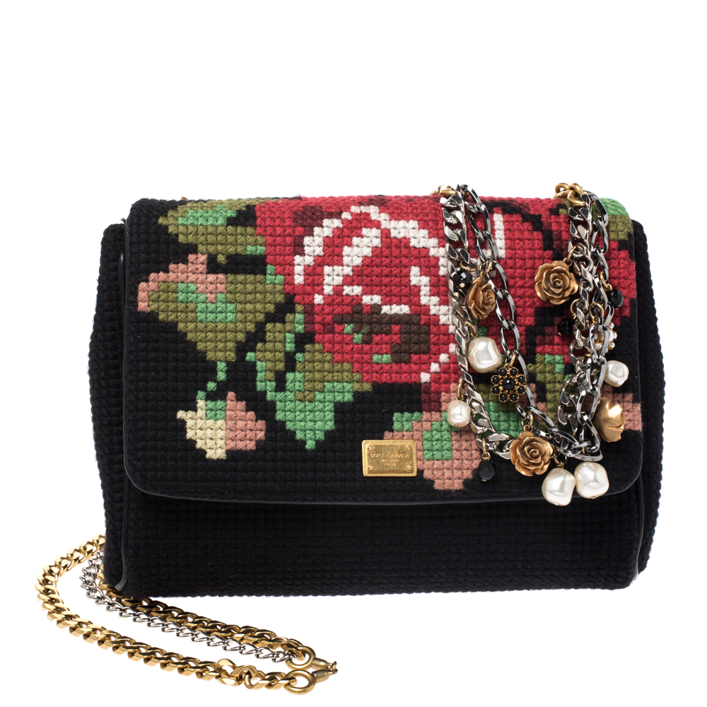 Pre-owned Dolce & Gabbana Black Floral Cross Stitch Fabric Miss Charles Crossbody Bag