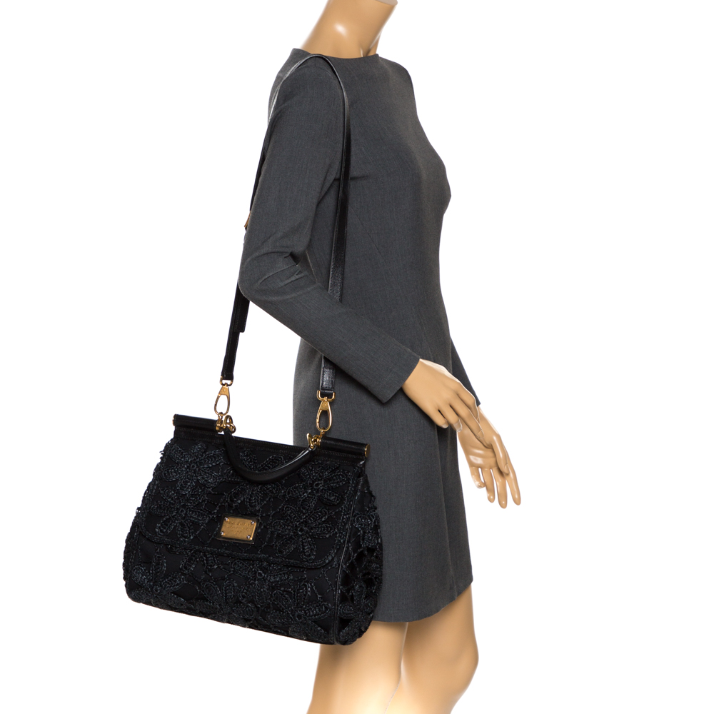 

Dolce & Gabbana Black Crochet Straw/Canvas and Leather Large Miss Sicily Top Handle Bag