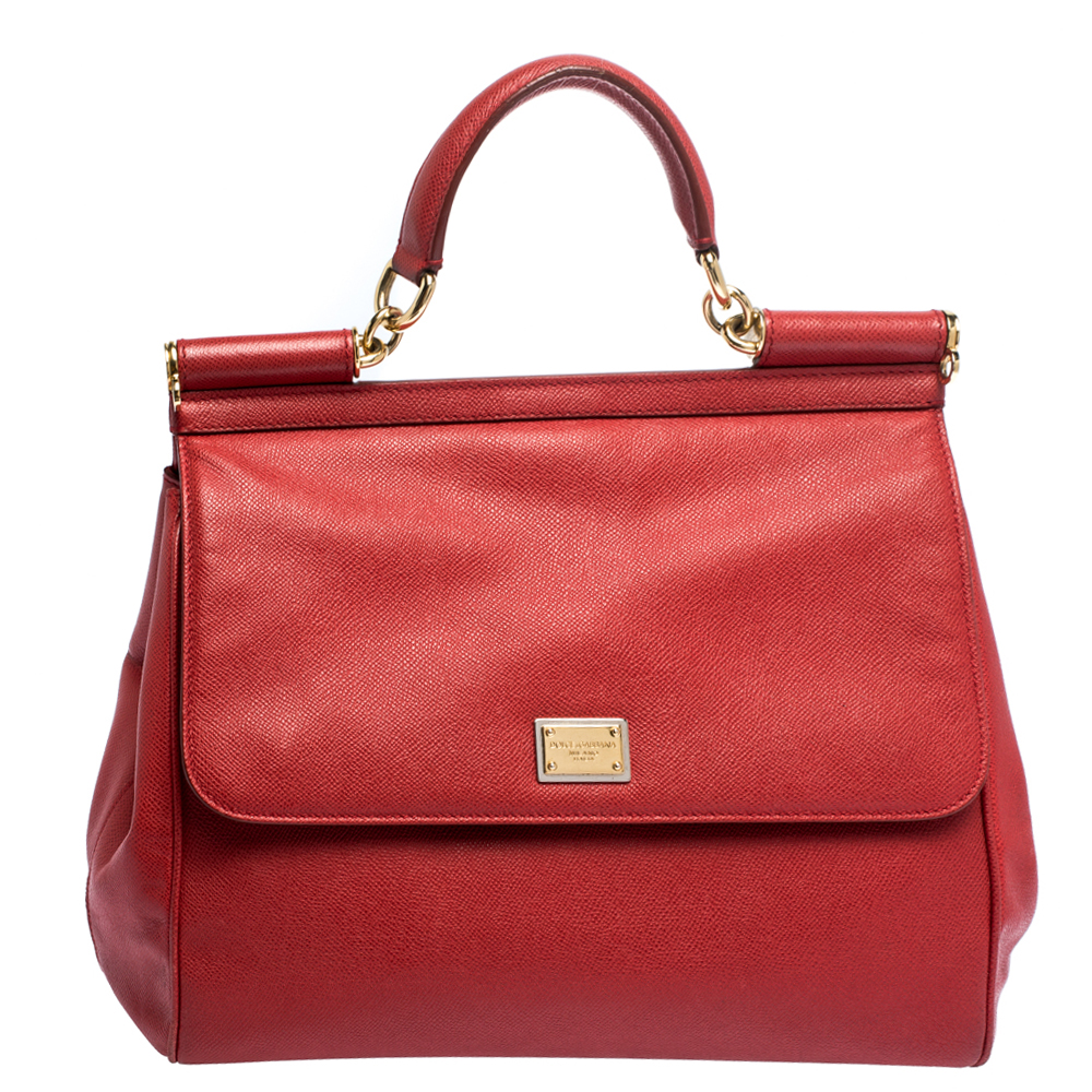 Pre Owned Dolce & Gabbana Red Leather Large Miss Sicily Top Handle Bag