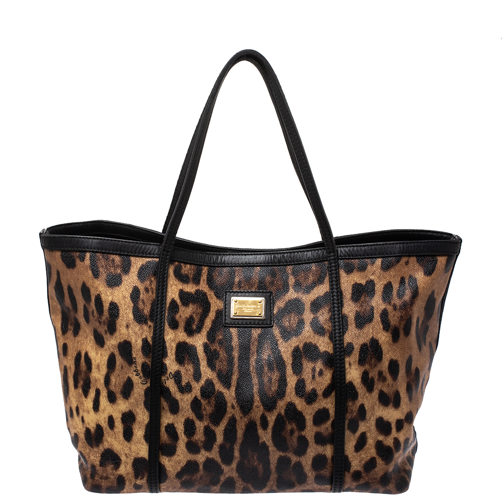 Pre Owned حقيبة يد دولتشي أند غابانا ميس اسكيب جلد لامع PVC طباعة فهد بيج/أسود