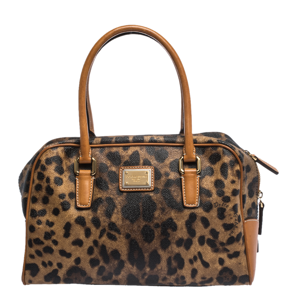 مملوكة مسبقًا  Dolce and Gabbana Brown Leopard Print Coated Canvas and Leather Satchel