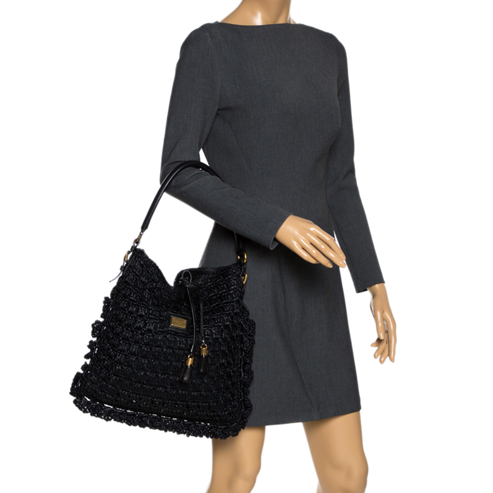 

Dolce & Gabbana Black Crochet Straw and Leather Hobo