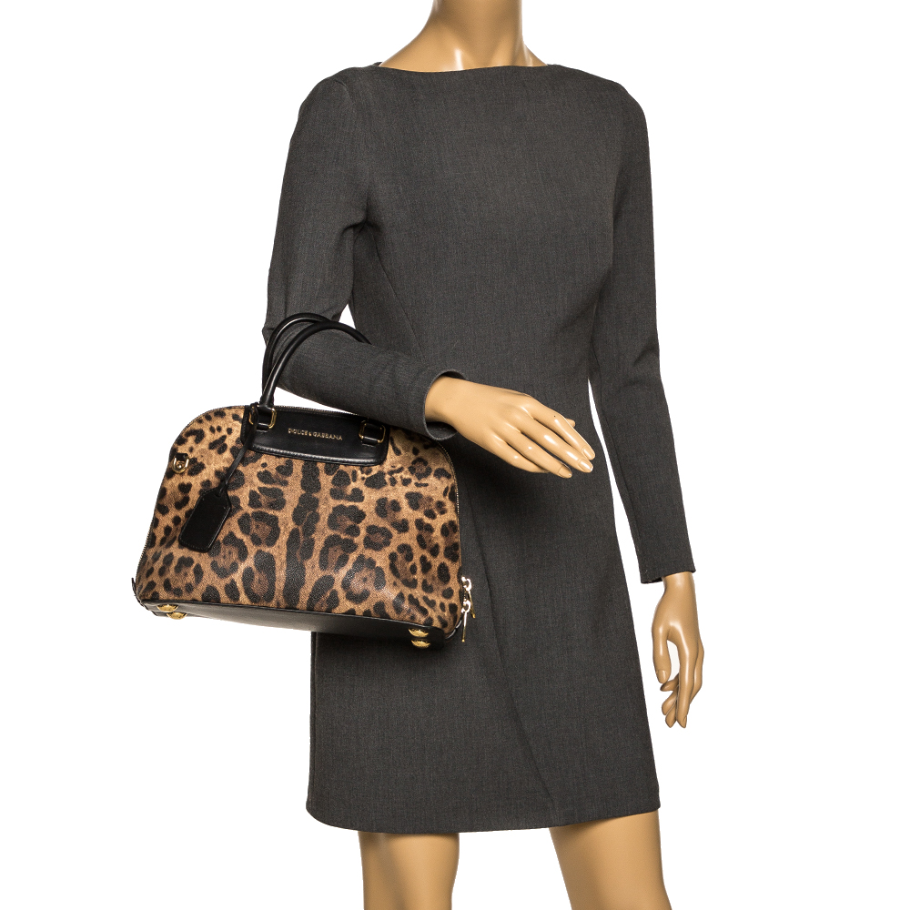 

Dolce & Gabbana Black/Brown Leopard Print Coated Canvas and Leather Megan Dome Satchel
