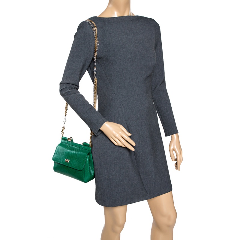 

Dolce and Gabbana Green Lizard Embossed Leather Small Miss Sicily Bag