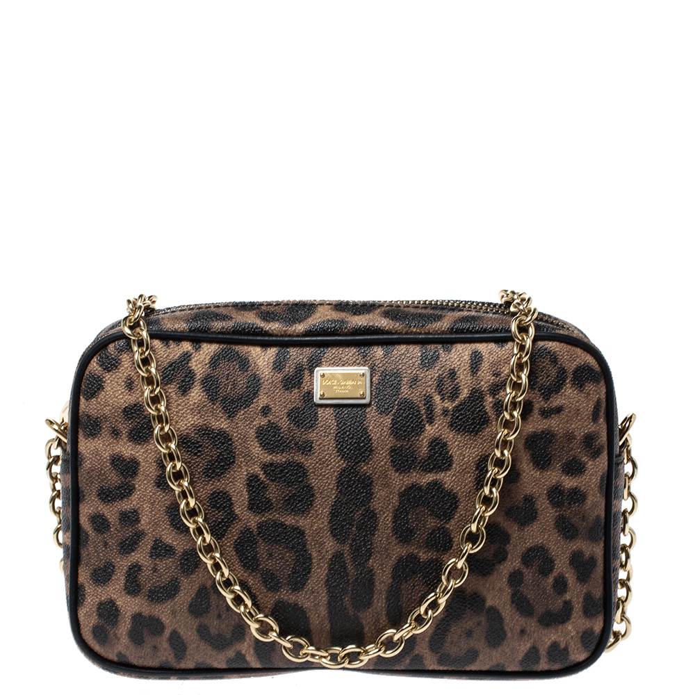 مملوكة مسبقًا Dolce and Gabbana Beige Leopard Print Coated Canvas Crossbody Bag