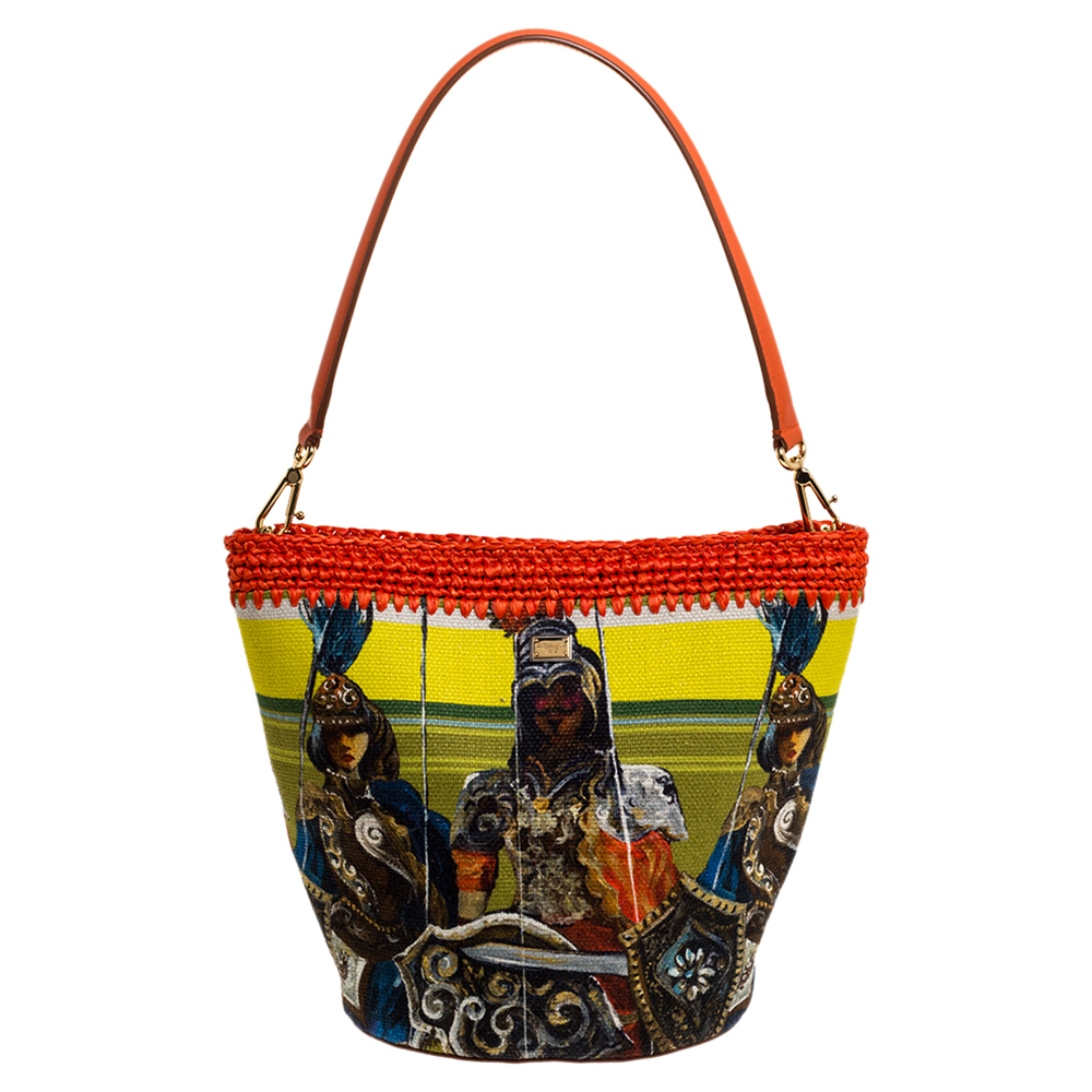 DOLCE & GABBANA MULTICOLOR PRINTED CANVAS, STRAW AND LEATHER HOBO