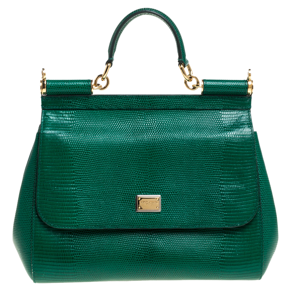 Click to view more detailed imagery on our partner's website Pre-owned Dolce & Gabbana Green Lizard Embossed Leather Medium Miss Sicily Top Handle Bag