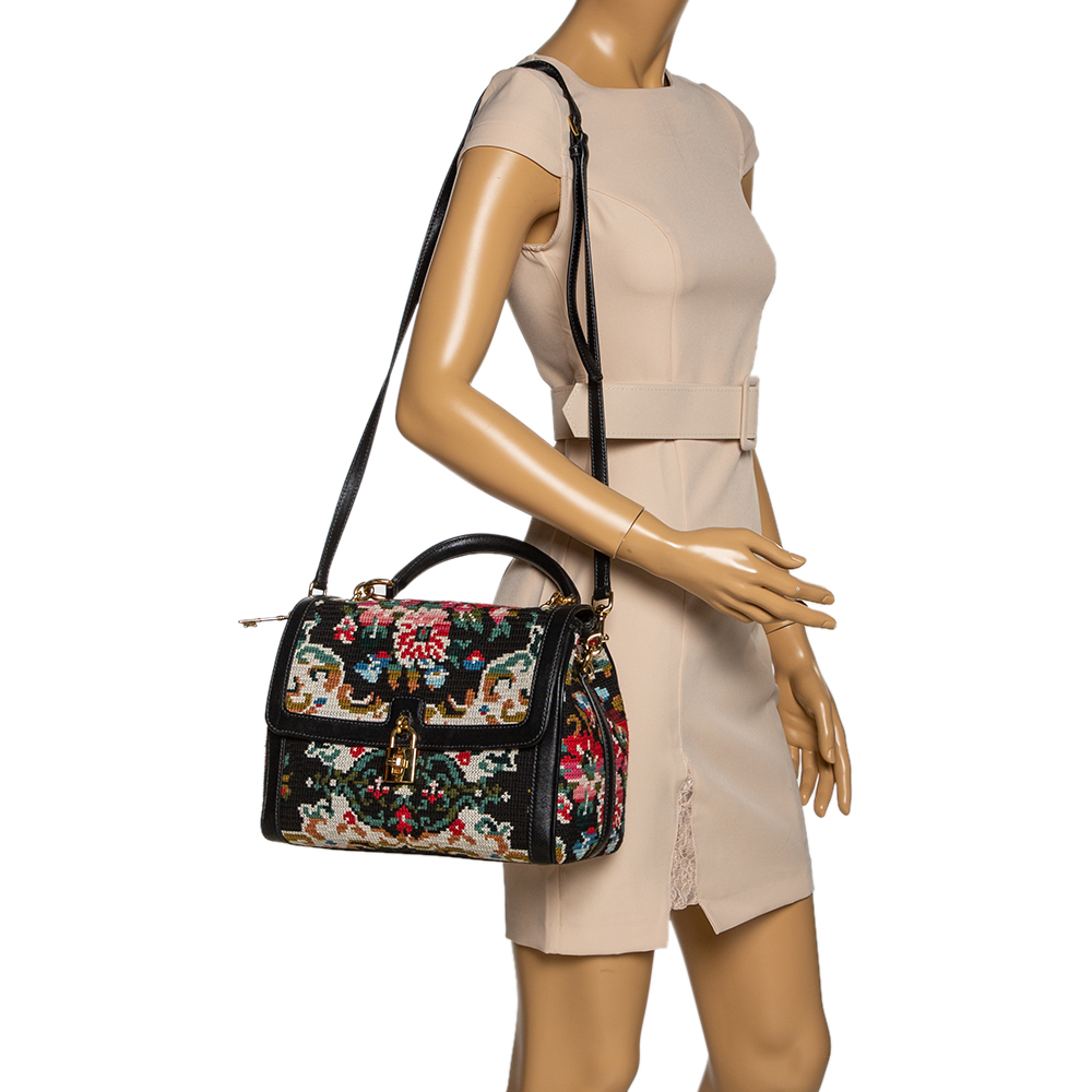 

Dolce & Gabbana Black Cross Stitch Fabric and Leather Padlock Top Handle Bag