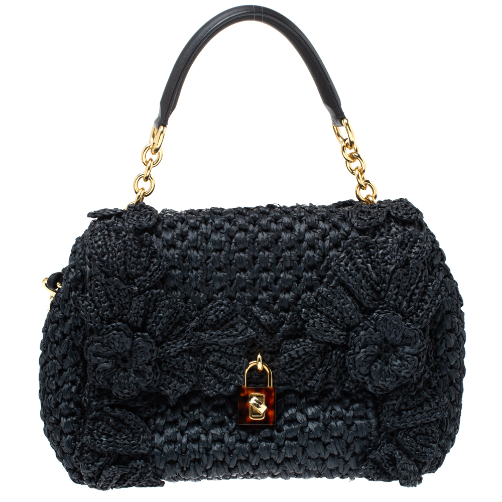 Click to view more detailed imagery on our partner's website Pre-owned Dolce & Gabbana Black Crochet Straw And Leather Miss Dolce Top Handle Bag