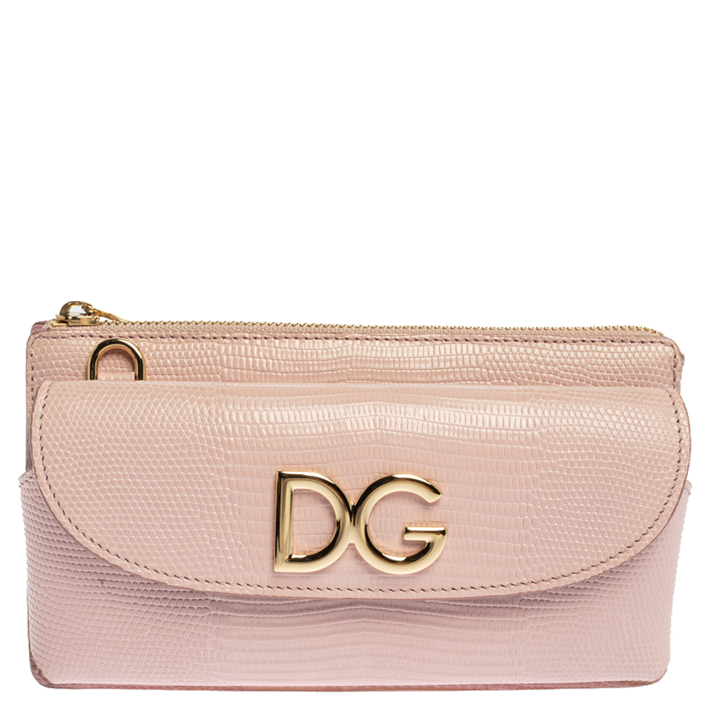 Dolce & Gabbana Light Pink Lizard Embossed Leather DG Logo Crossbody ...