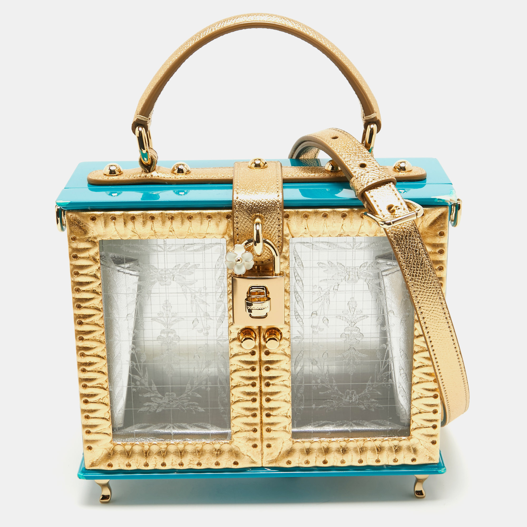 

Dolce & Gabbana Turquoise/Gold Acrylic and Leather Furniture Miss Dolce Top Handle Bag, Blue