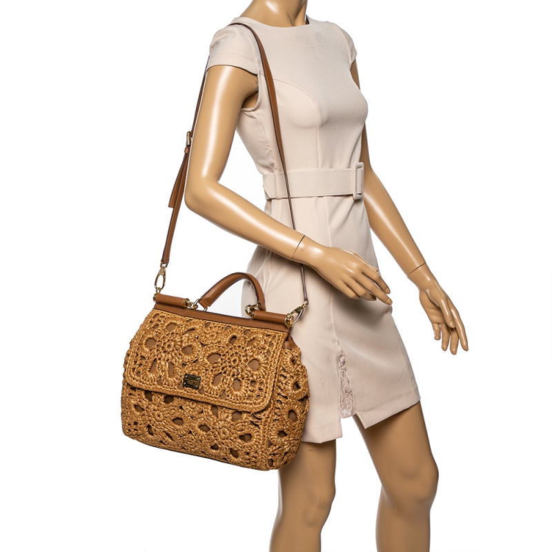 

Dolce & Gabbana Brown Crochet Raffia and Leather Large Miss Sicily Top Handle Bag