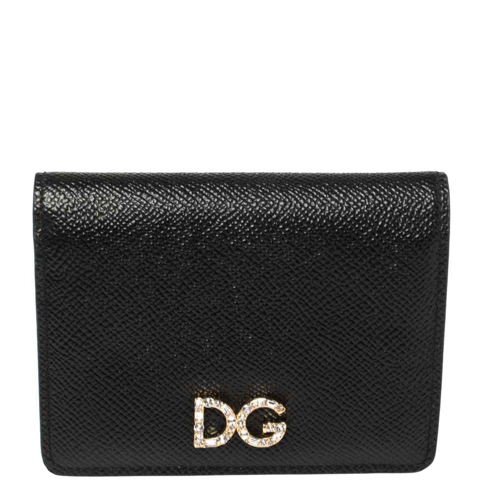 Pre Owned Dolce & Gabbana Black Leather Crystal Embellished Logo Compact Wallet