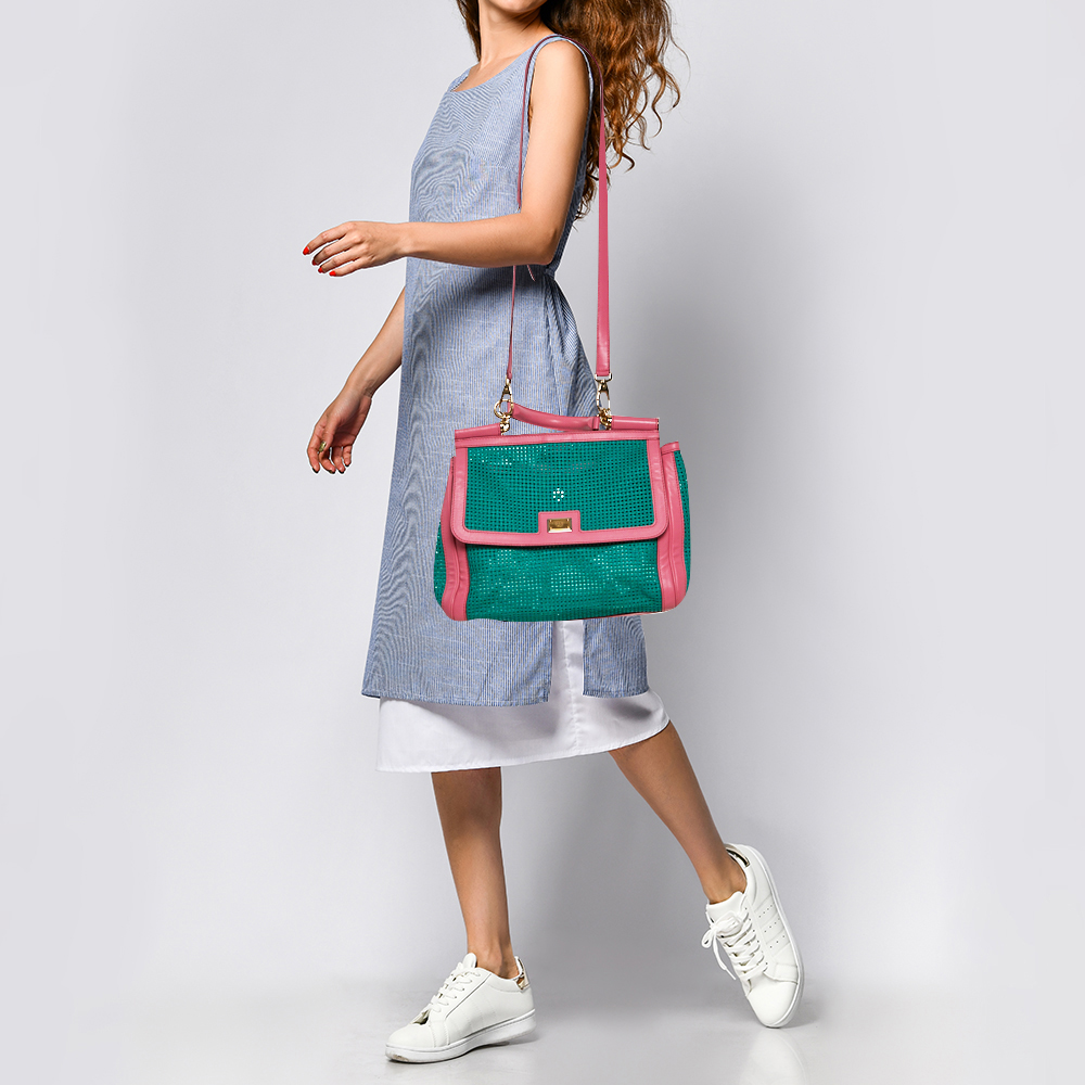 

Dolce & Gabbana Pink/Green PVC Mesh and Leather Large Miss Sicily Top Handle Bag