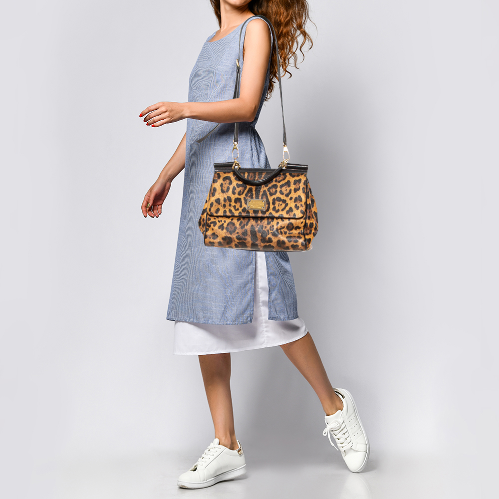 

Dolce & Gabbana Black/Brown Leopard Print Coated Canvas and Leather Large Sicily Top Handle Bag