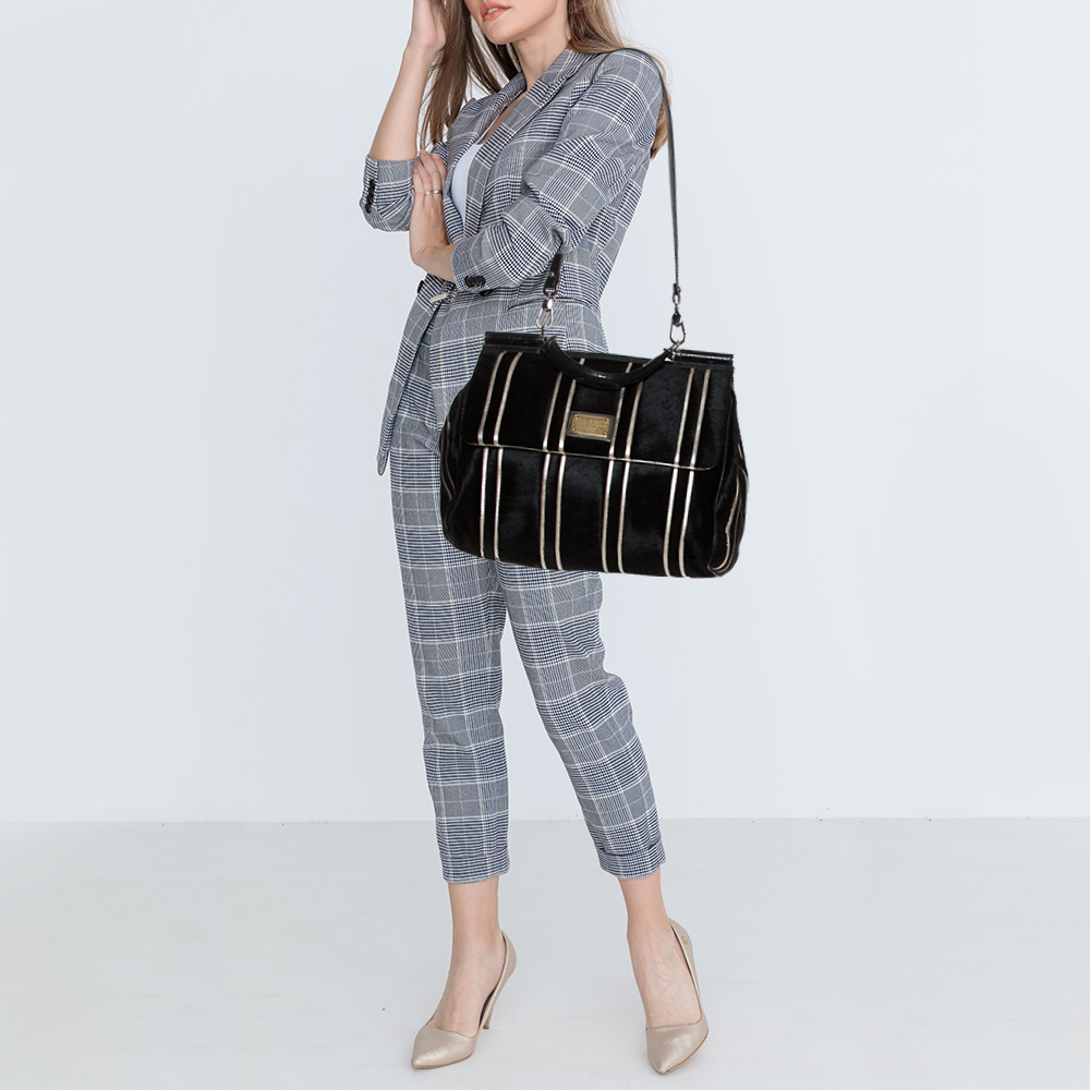 

Dolce and Gabbana Black/Silver Stripe Calfhair and Snakeskin  Miss Sicily Top Handle Bag