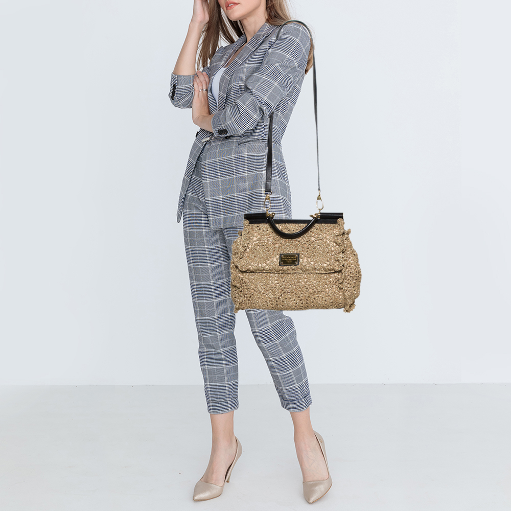 

Dolce & Gabbana Gold/Black Metallic Embroidered Fabric and Leather Large Sicily Top Handle Bag