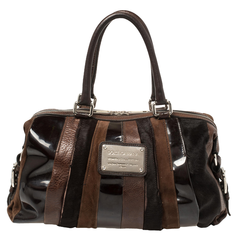 Pre-owned Dolce & Gabbana Dark Brown Leather Miss Brunette Mixed Media Satchel
