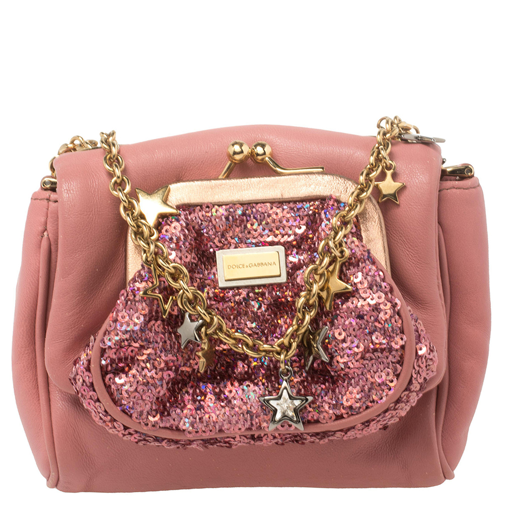 Pre-owned Dolce & Gabbana Pink Leather And Sequin Crossbody Bag