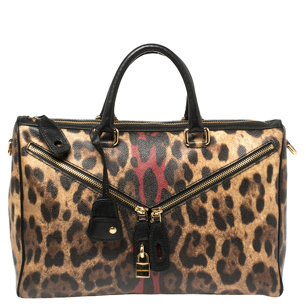 Pre-owned Dolce & Gabbana Black/brown Leopard Print Coated Canvas And Leather Zip Detail Satchel