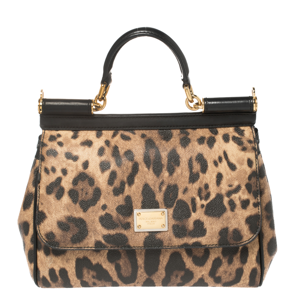 Pre-owned Dolce & Gabbana Brown/black Leopard Print Coated Canvas And Leather Medium Miss Sicily Top Handle Bag In Multicolor