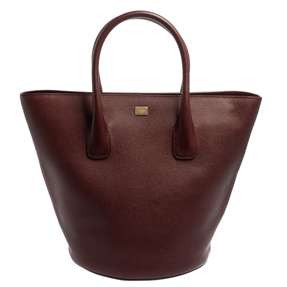 Pre-owned Dolce & Gabbana Burgundy Grained Leather Shopper Tote