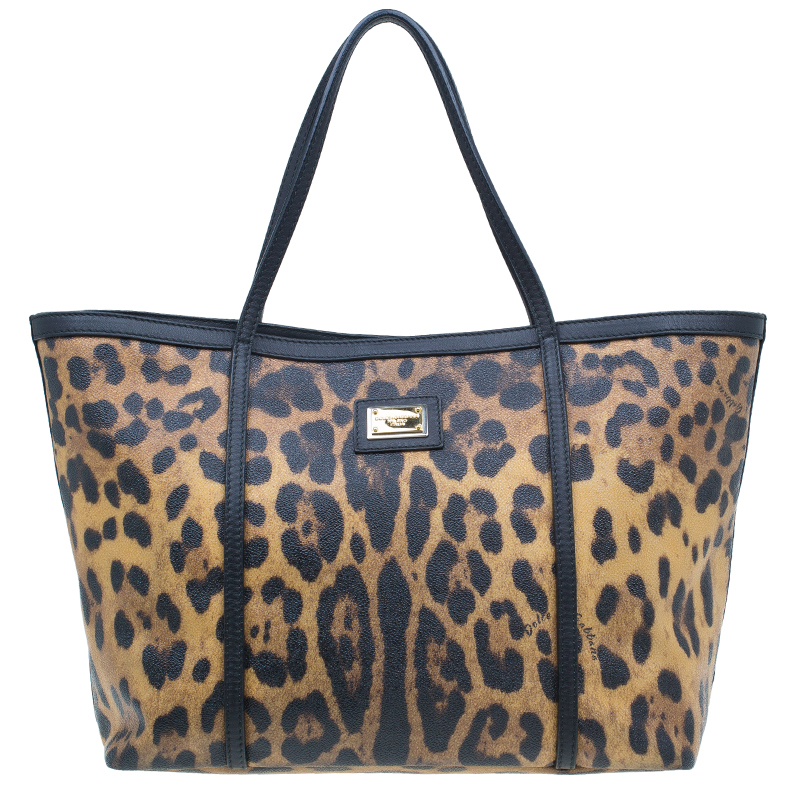 Dolce and Gabbana Black Leopard Print Coated Canvas Tote Bag