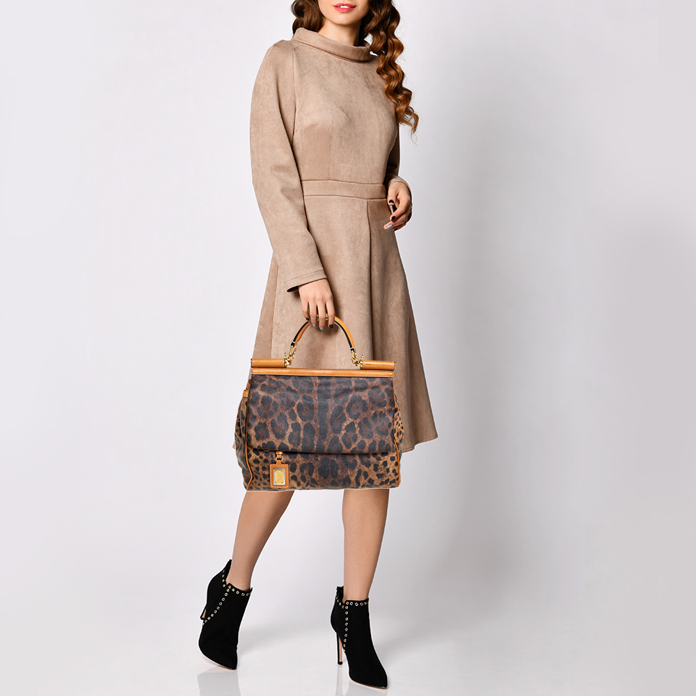 

Dolce & Gabbana Brown/Tan Leopard Print Coated Canvas and Leather Large Miss Sicily Top Handle Bag