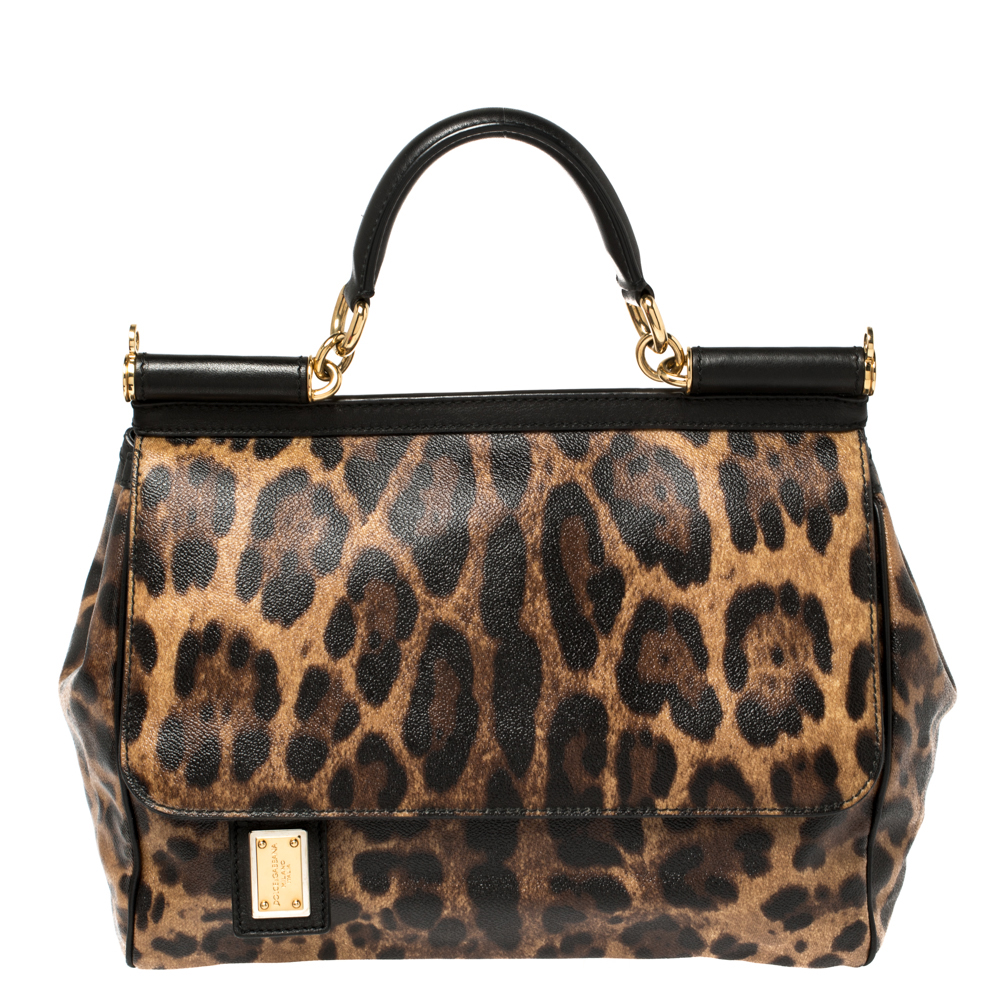 Pre-owned Dolce & Gabbana Black/brown Leopard Print Coated Canvas And Leather Large Miss Sicily Top Handle Bag