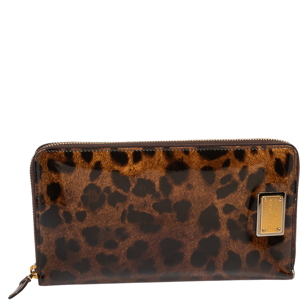 Pre-owned Dolce & Gabbana Brown Leopard Print Patent Leather Zip Around Organizer Wallet