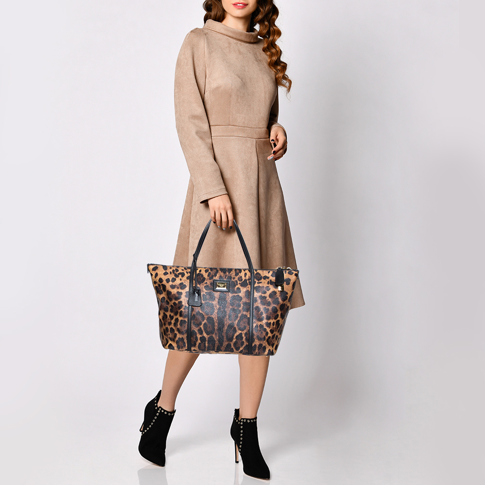 

Dolce & Gabbana Brown/Black Leopard Print Coated Canvas and Leather Miss Escape Tote