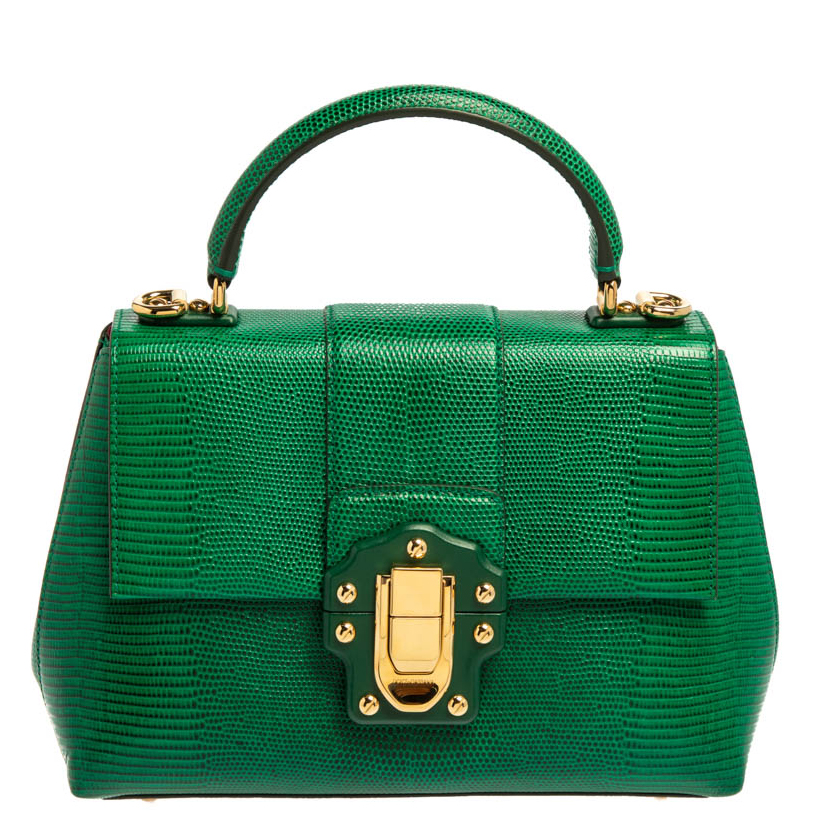 Dolce & Gabbana Green Lizard Embossed Leather Small Lucia Top Handle Bag
