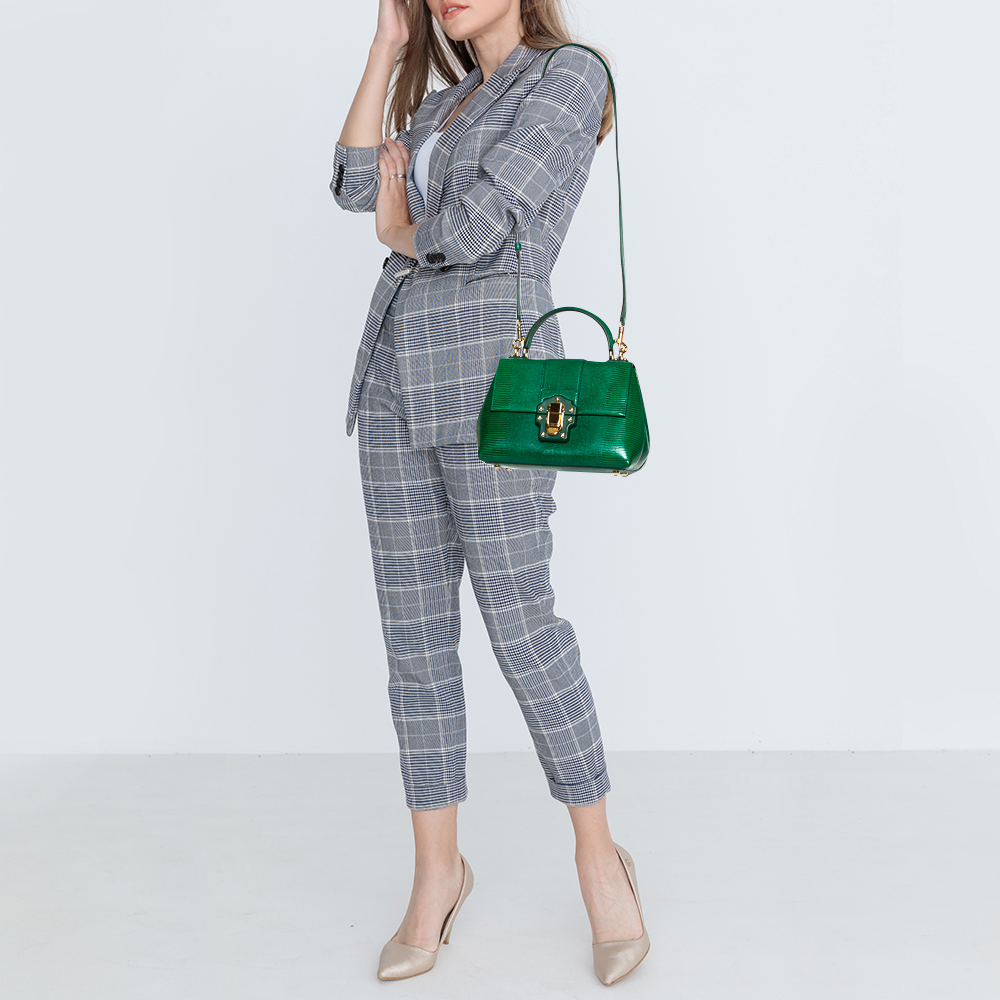 

Dolce & Gabbana Green Lizard Embossed Leather Small Lucia Top Handle Bag