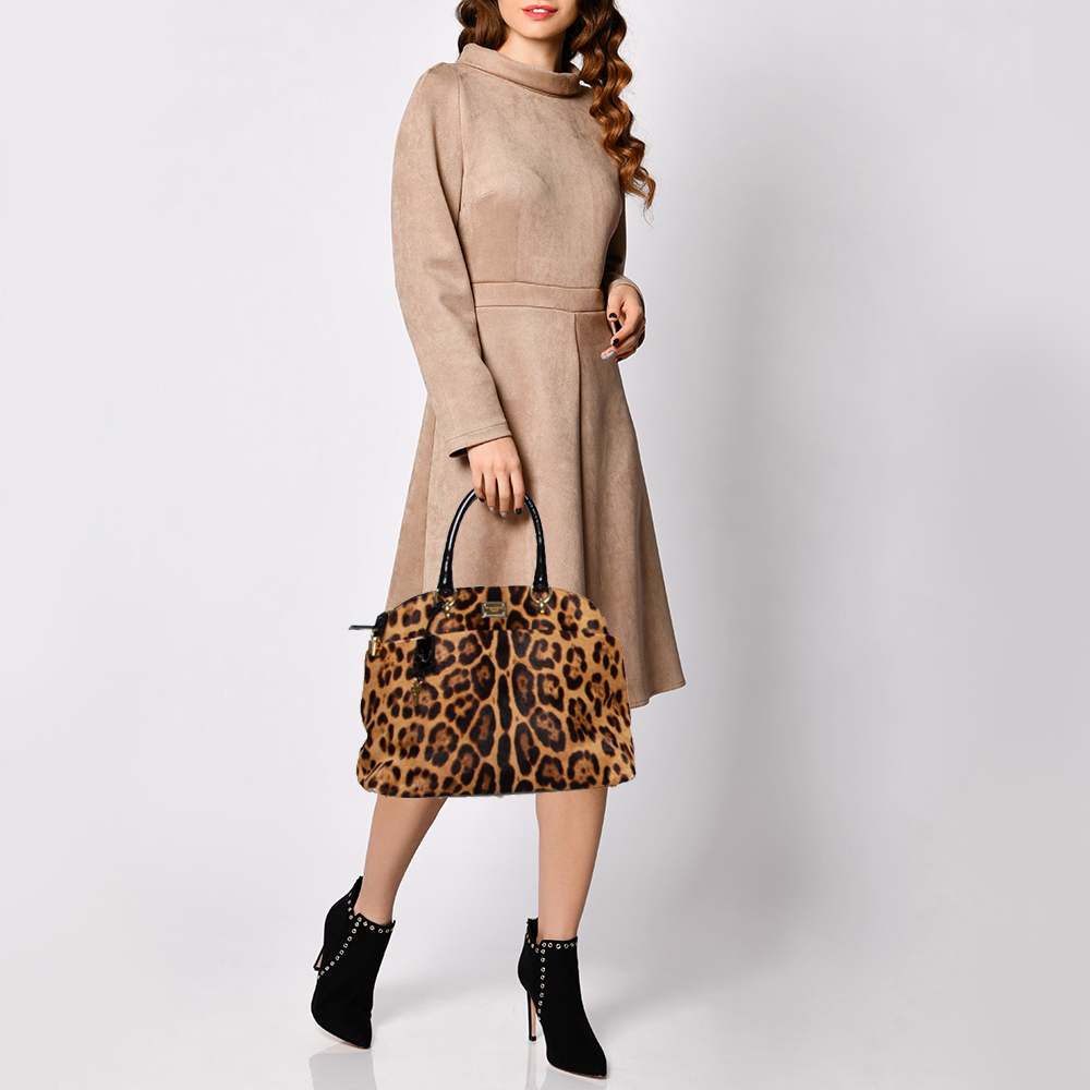 

Dolce & Gabbana Black/Brown Leopard Print Calf Hair and Patent Satchel