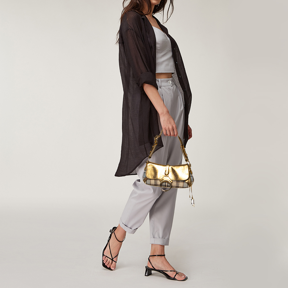 

Dolce & Gabbana Gold/Beige Leather And Fabric Flap Shoulder Bag