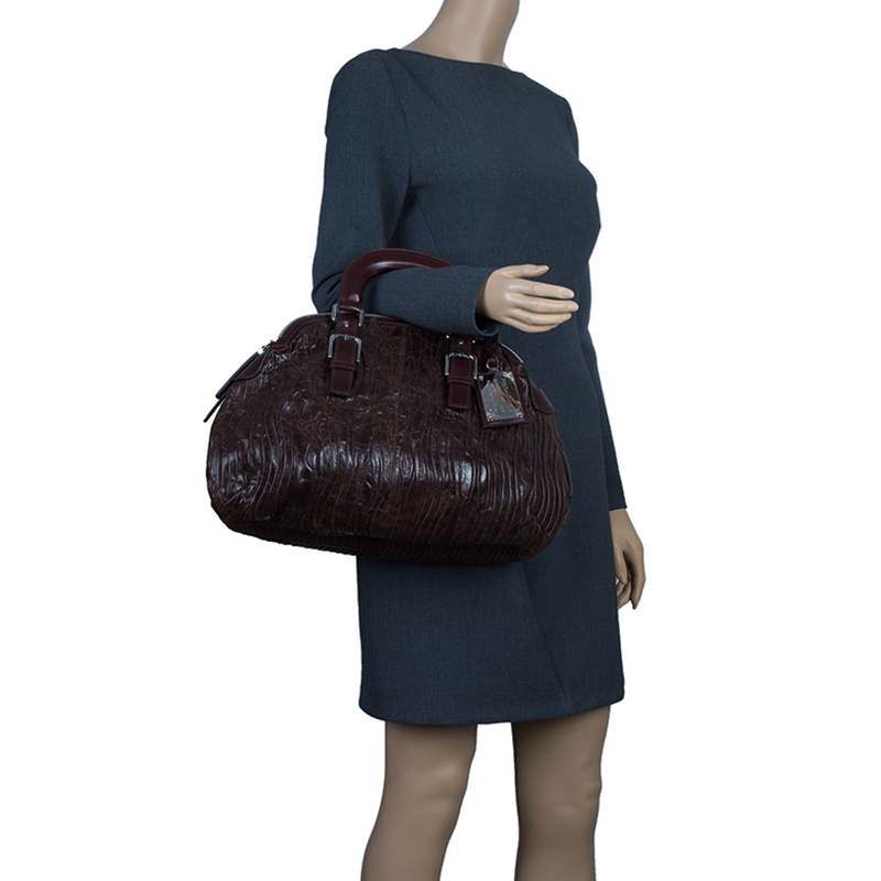 

Dolce and Gabbana Brown Pleated Leather Miss Bauletto Dome Satchel