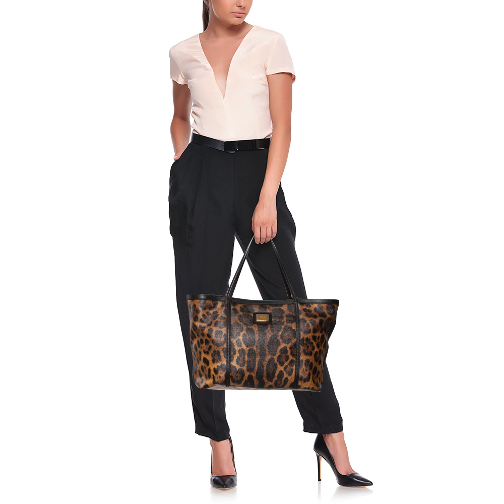 

Dolce & Gabbana Black/Brown Leopard Print Coated Canvas and Leather Miss Escape Tote