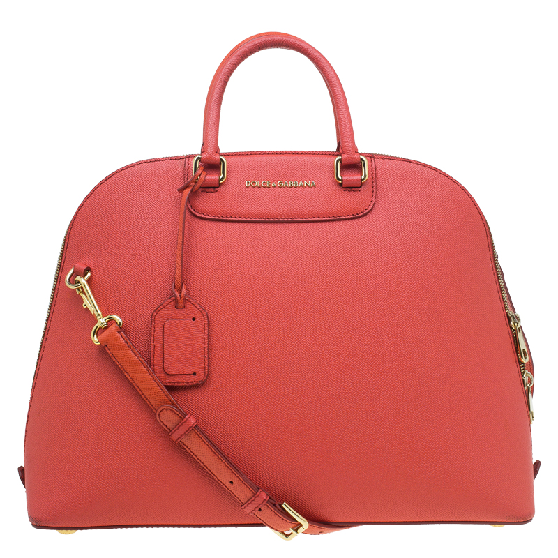 Pre Owned Dolce and Gabbana Orange Textured Leather Large Megan Dome Satchel