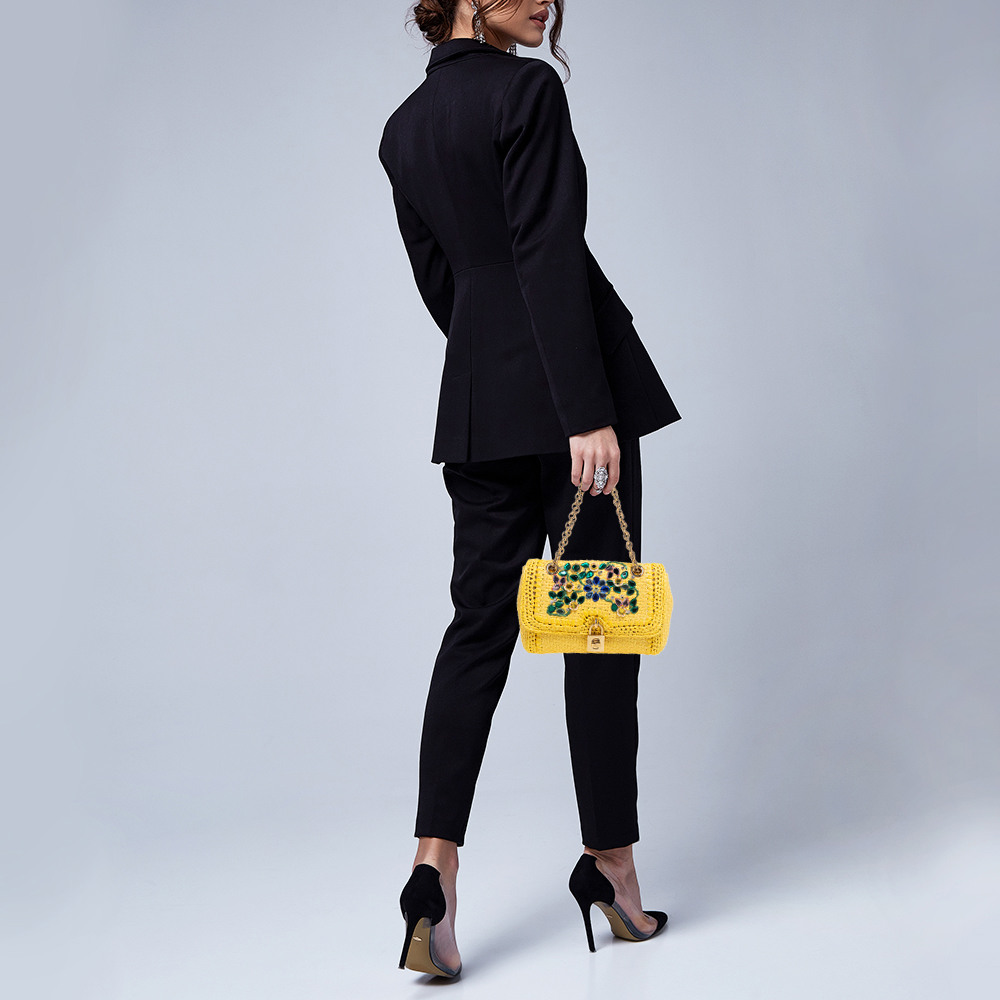 

Dolce & Gabbana Yellow Woven Raffia Crystal Embellished Flap Shoulder Bag