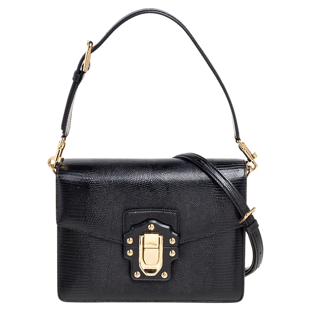 Pre-owned Dolce & Gabbana Black Lizard Embossed Leather Medium Lucia Medium Shoulder Bag