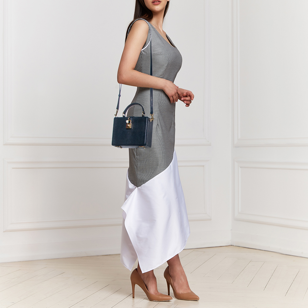 

Dolce & Gabbana Navy Blue Leather Rosaria Box Top Handle Bag