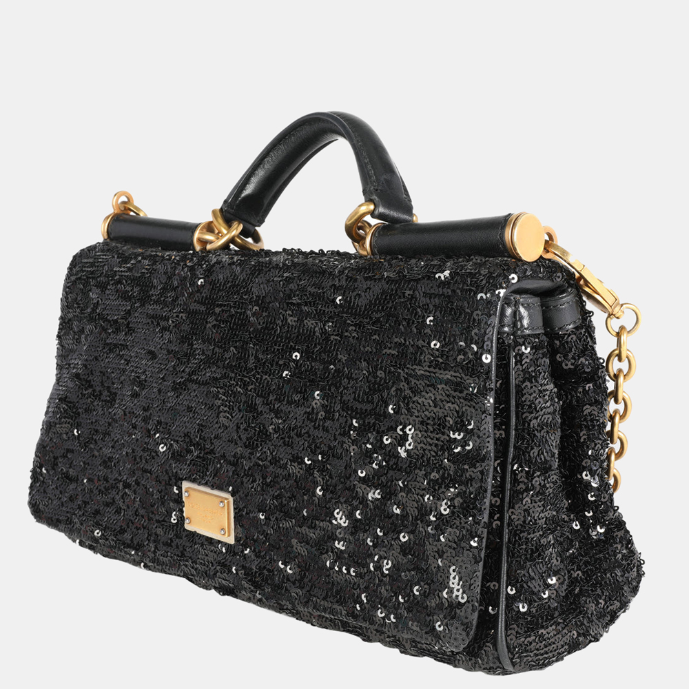 

Dolce & Gabbana Black Sequin Leather Sicily Top Handle Bag
