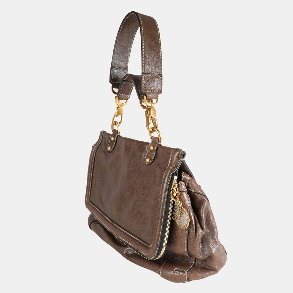 

Dolce & Gabbana Brown Leather Fold-Over Heritage Miss Sicily Top Handle Bag