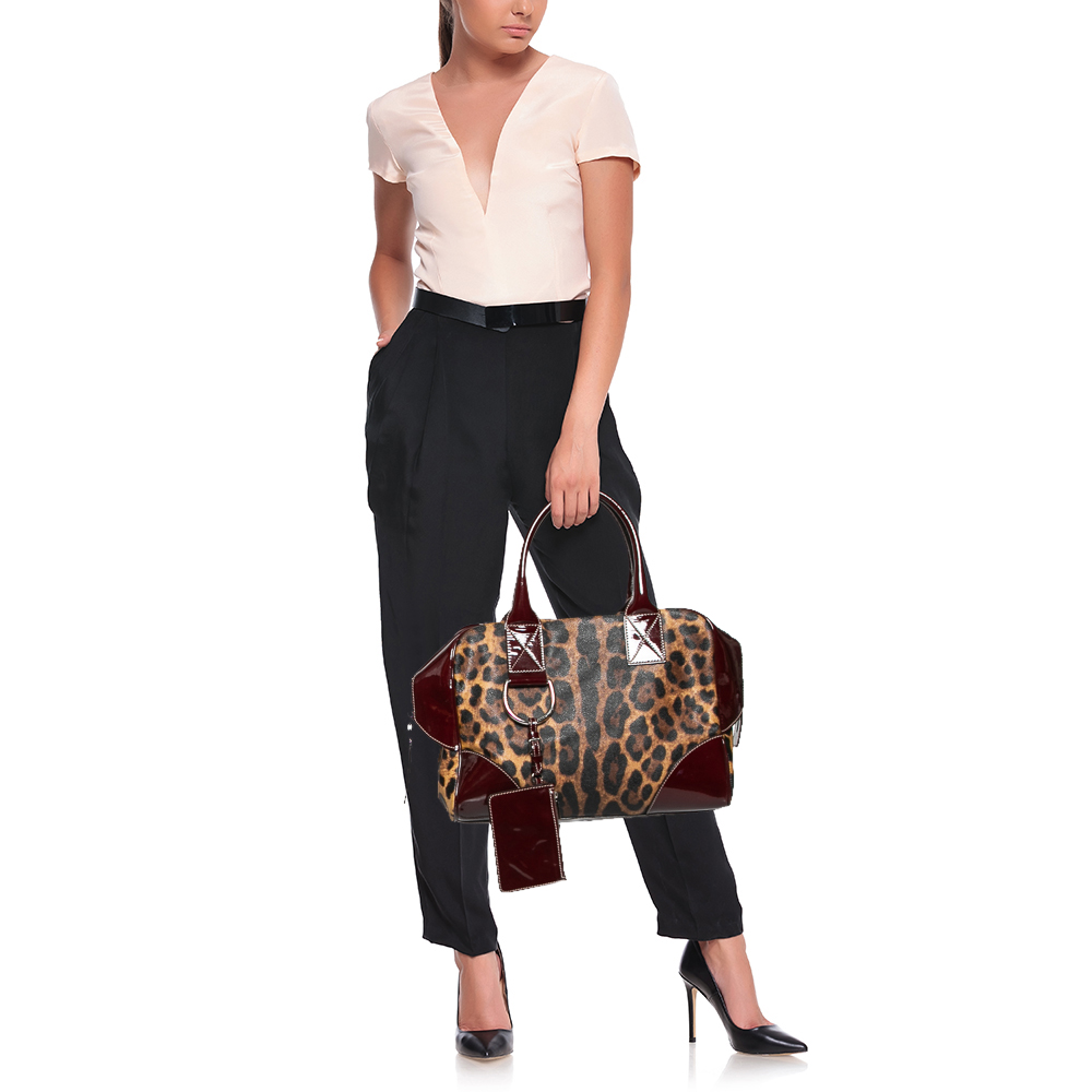 

Dolce & Gabbana Burgundy/Brown Leopard Print Coated Canvas and Patent Leather Miss Ice Satchel