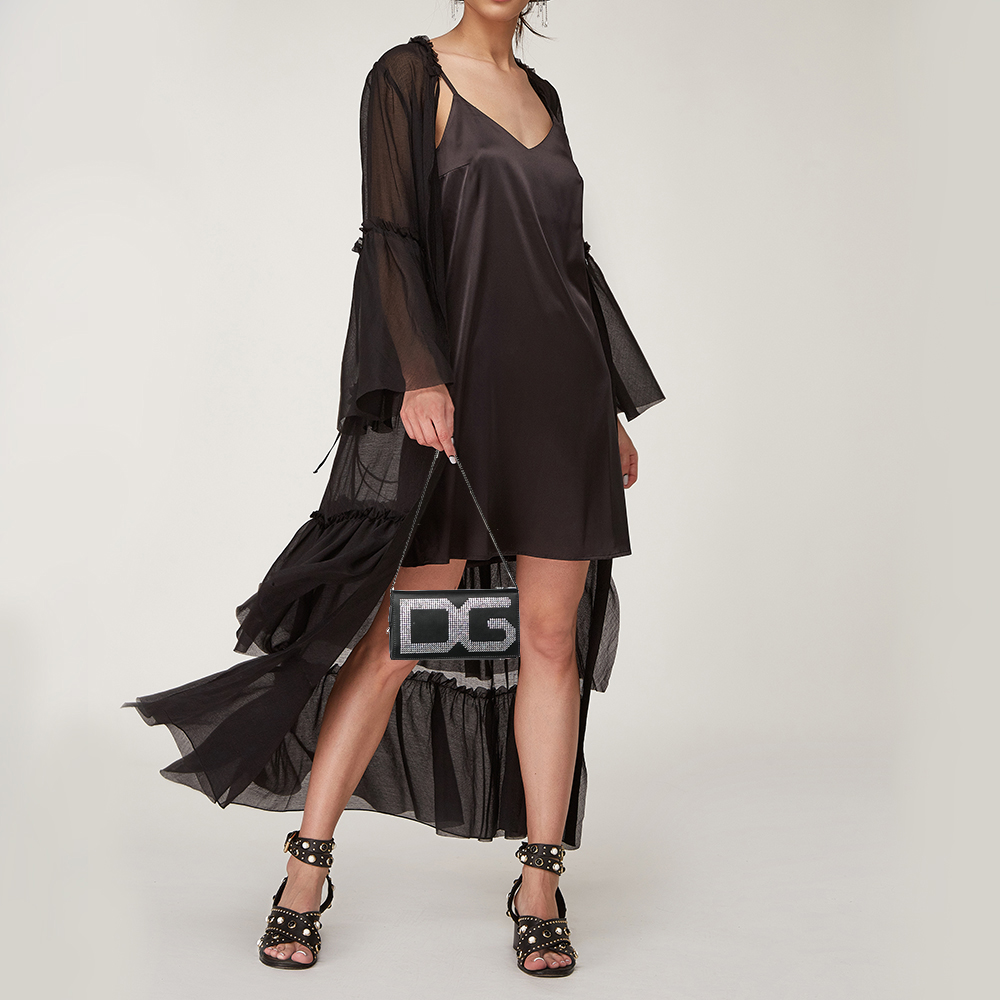 

Dolce & Gabbana Black Satin Crystal Embellished Flap Chain Clutch