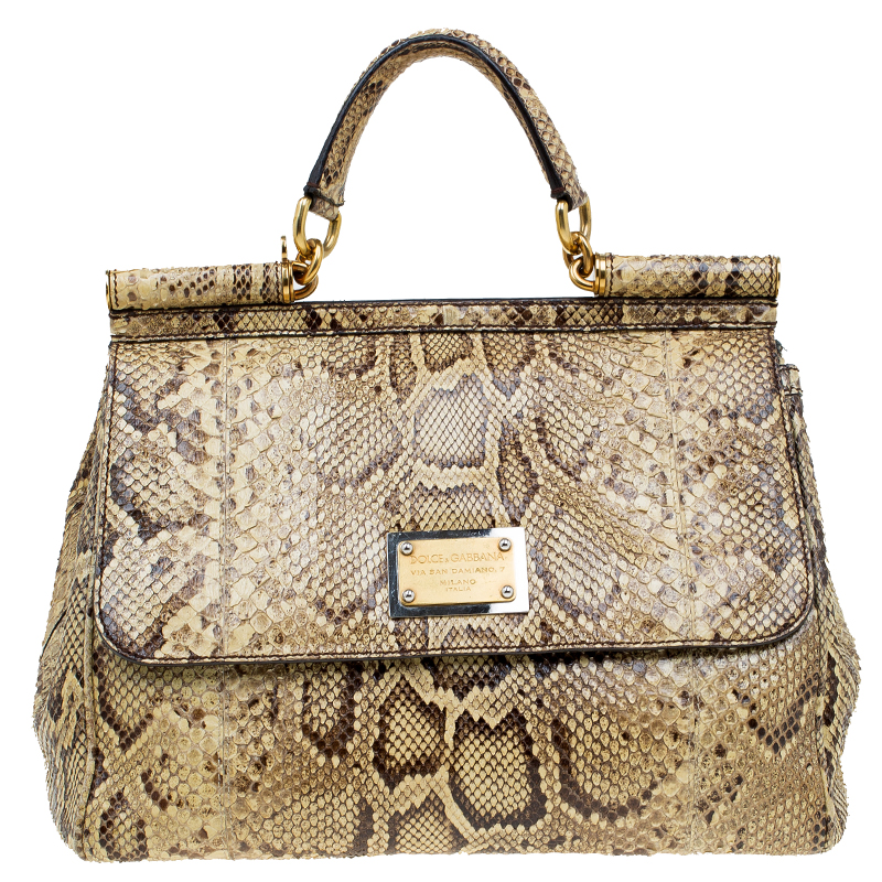 Pre Owned Dolce and Gabbana Yellow Python Medium Miss Sicily Top Handle Bag